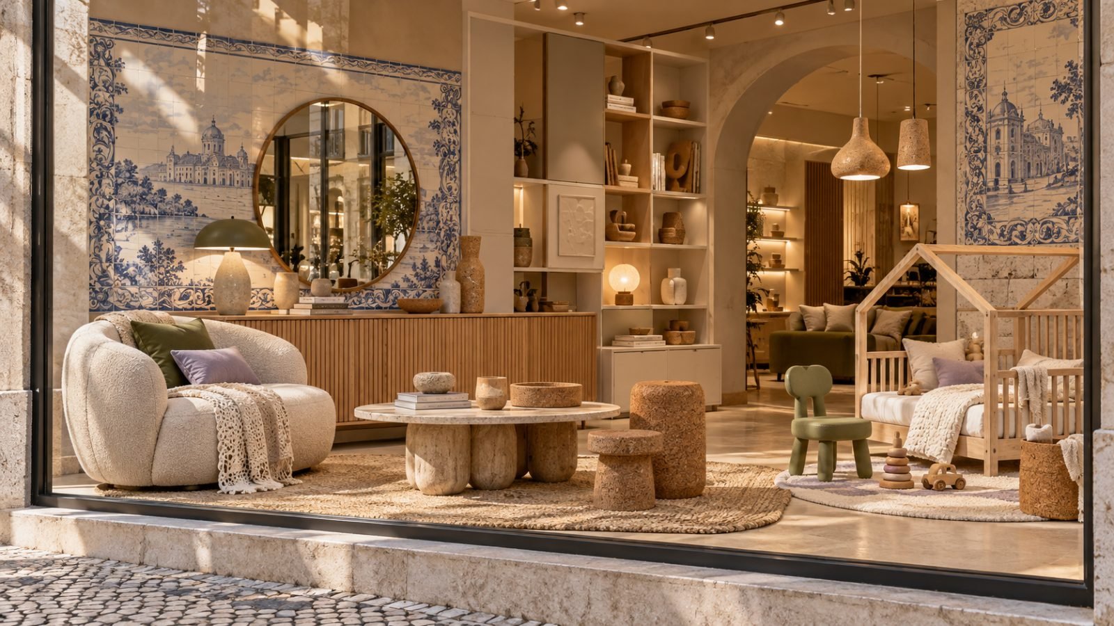 Sensuri Casa shop window with Portuguese azulejo tiles, cork furniture and natural materials, Portuguese design for the home