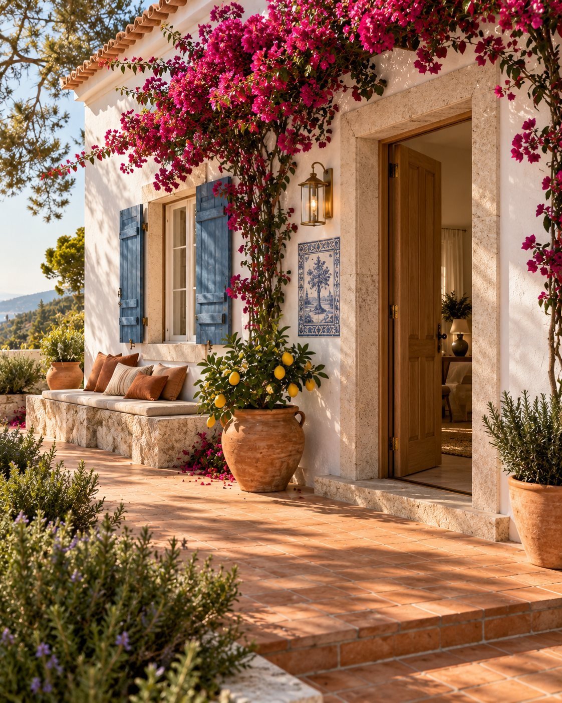 Sensuri Homes: whitewashed house in the Algarve with bougainvillea, blue shutters and a lemon tree