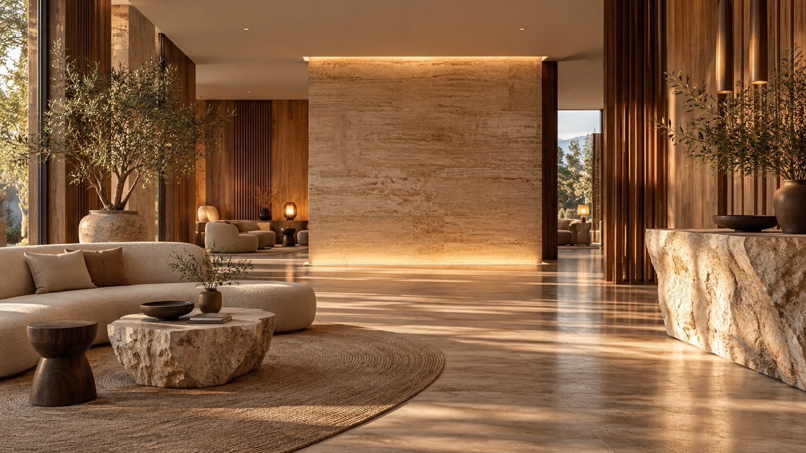 Luxury lounge with warm light, natural stone and wood, sensory interior design by Sensuri